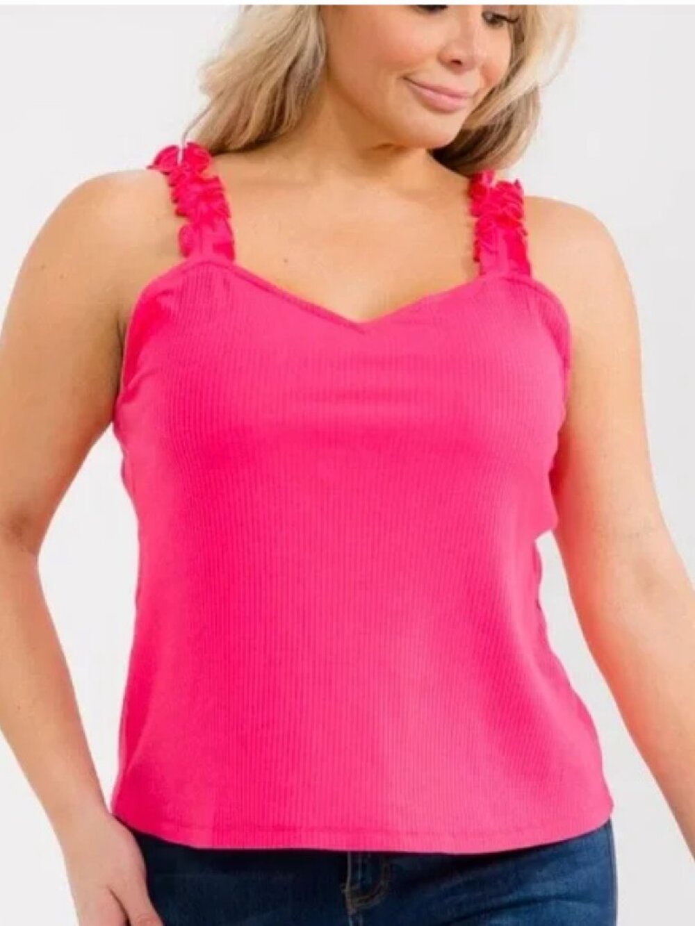 Sugarlips High Roller Ruffle Strap Ribbed Knit Tank Curve - Fuchsia